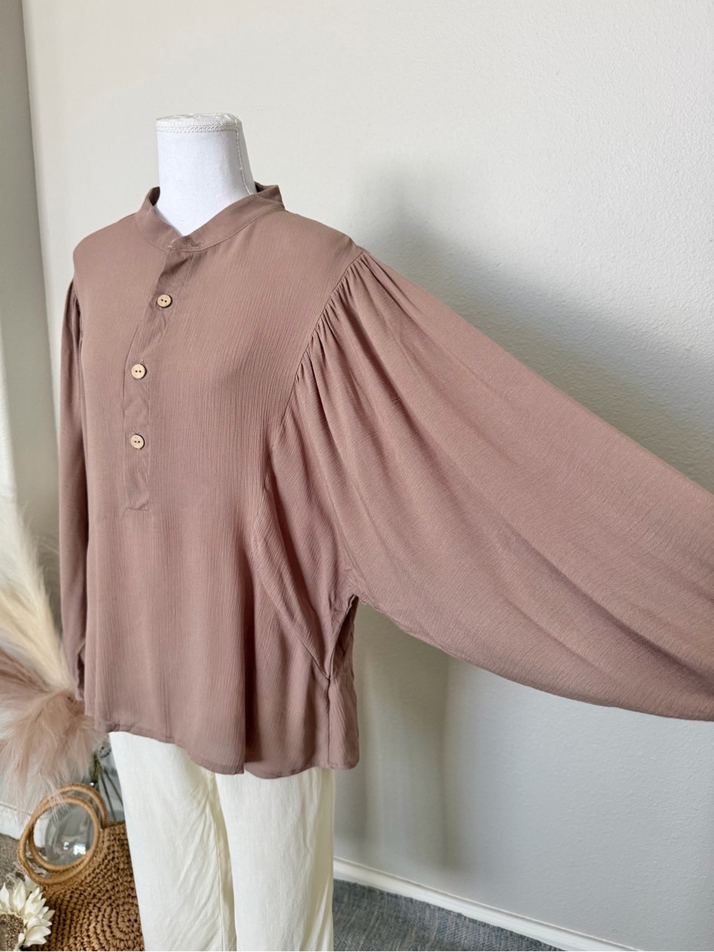 NEW - Taupe Button Front Boho Blouse